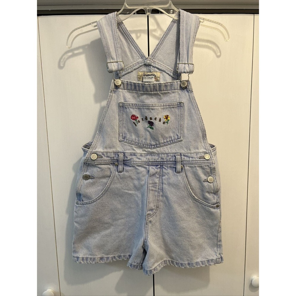 VTG Jordache FLOWER‎ Denim GIRLS/YOUTH Bib Overalls Shorts SHORTALLS Size LARGE